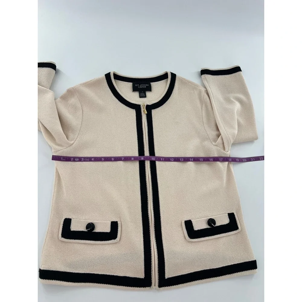 St. John Caviar Cream Black Contrast Trim Wool Knit Zip Front Jacket Old Money 8